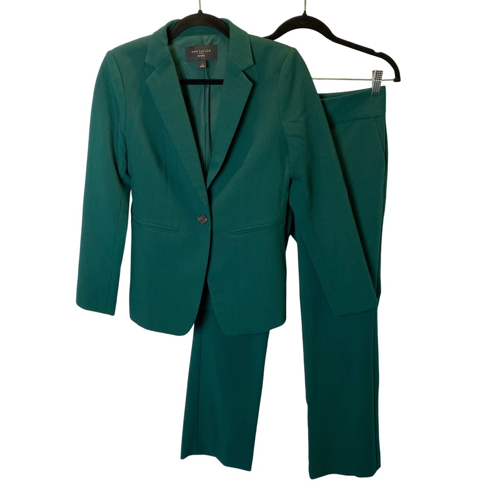 Ann Taylor Factory Pant Suit Women 2P Green Classic Office Career Dark Academia